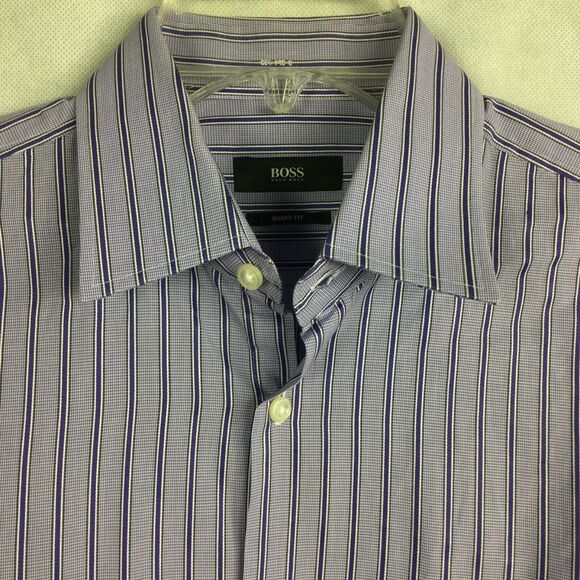 Hugo Boss Shirt Mens Sz 15 32 33 Purple Striped Sharp Fit Long Sleeve Button Up - Picture 3 of 9